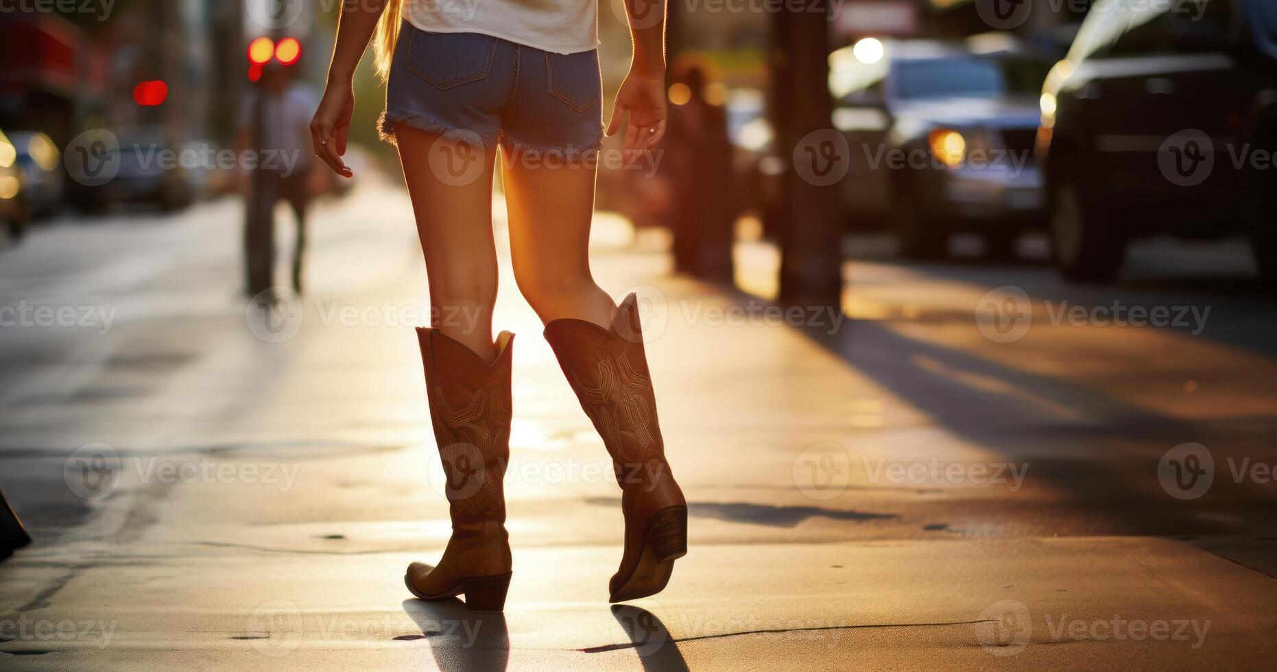 ai généré une fille dans cow-boy bottes enjambées en toute confiance vers le bas inférieur Broadway dans centre ville photo