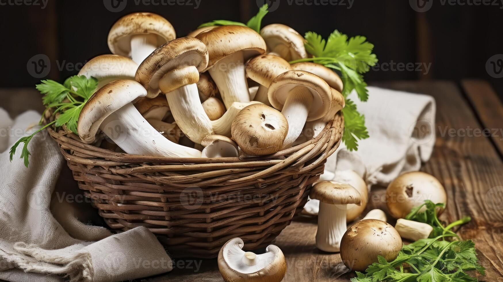 ai généré une collection de Frais champignons niché dans une panier, complété par une en bois toile de fond photo