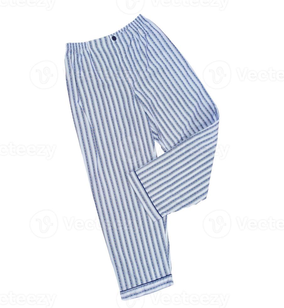 pantalon de pyjama rayé de couleur bleue isolé sur blanc, vue de dessus. pantalon de sommeil gros plan photo