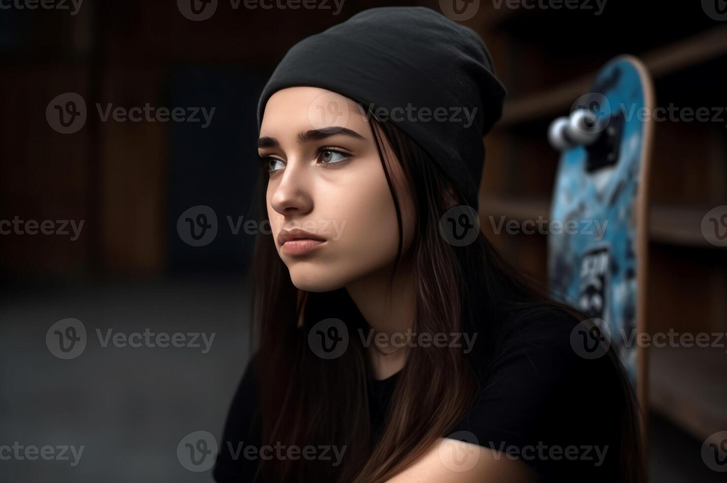 ai généré jolie foncé aux cheveux femelle adolescente avec planche à roulette. produire ai photo