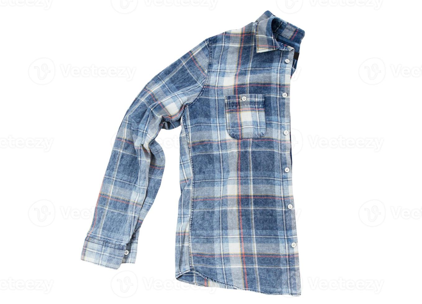 chemise à carreaux en coton pour homme isolée sur fond blanc, vue de dessus chemise à carreaux en coton bleu pour homme, espace de copie de chemise pour hommes pliée photo