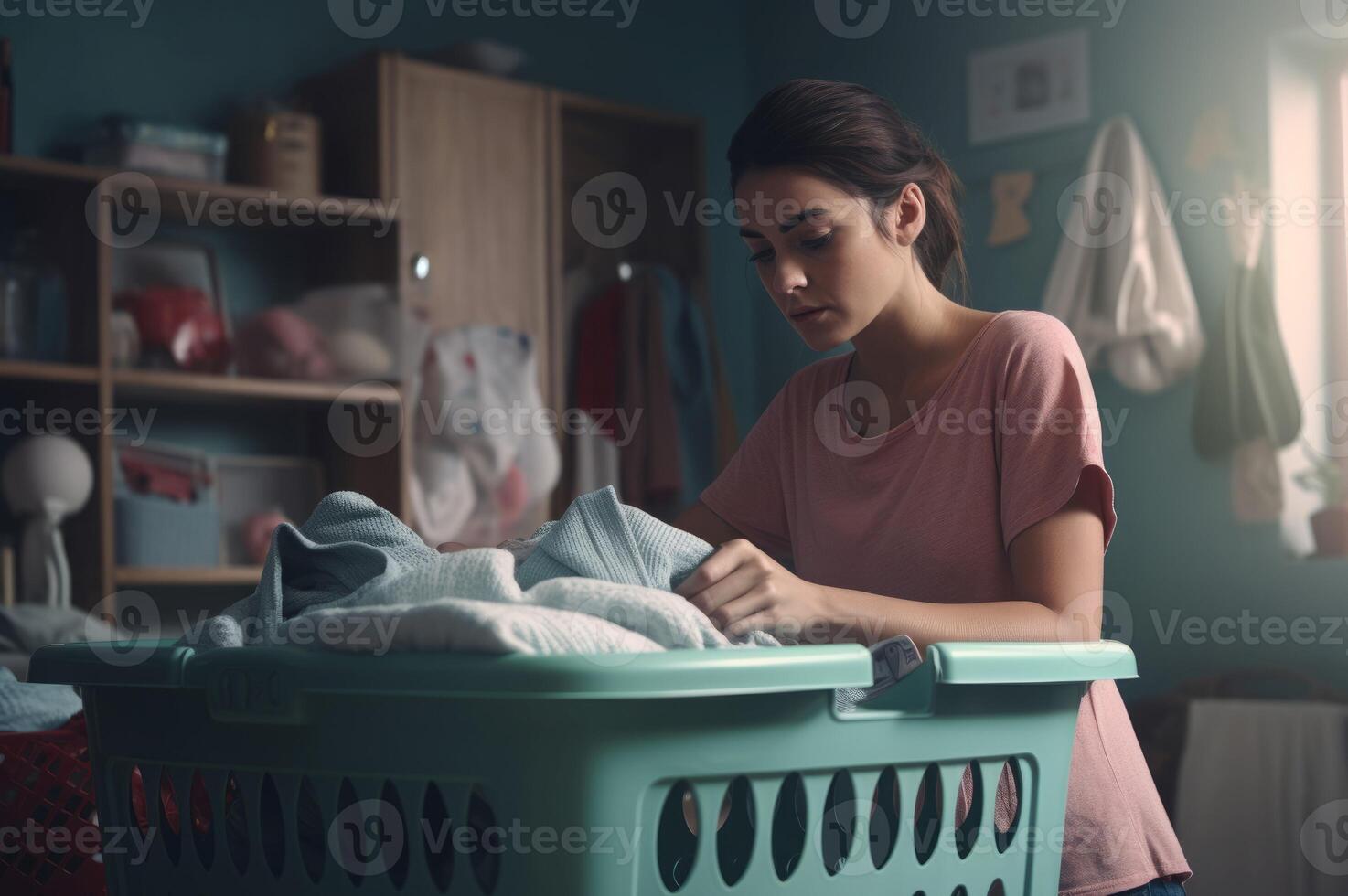 ai généré femme au foyer pliant blanchisserie panier. produire ai photo