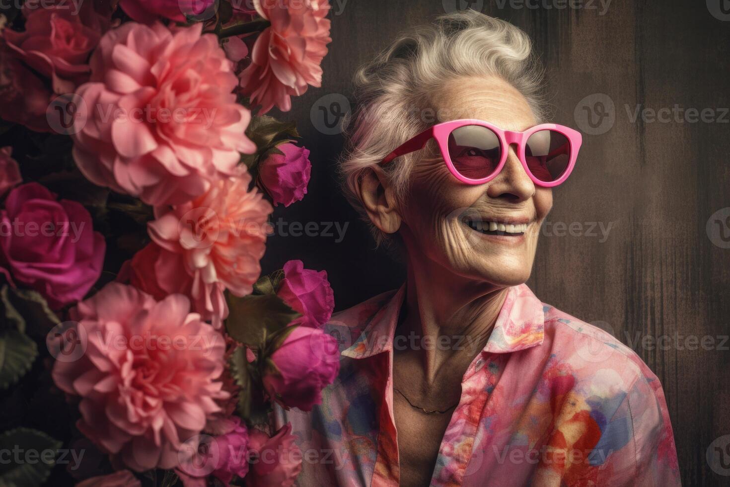 ai généré positif Sénior femme portant rose des lunettes de soleil. produire ai photo