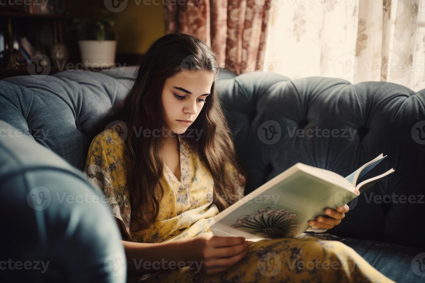 ai généré magnifique Jeune fille en train de lire une livre sur canapé. produire ai photo