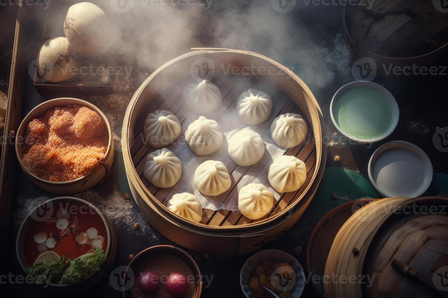 ai généré faible somme Dumplings bateau à vapeur Haut vue tableau. produire ai photo