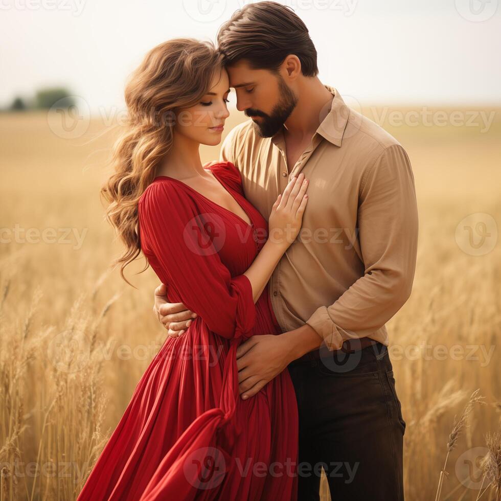 ai généré romantique couple permanent dans une champ de blé. Jeune couple dans l'amour étreindre sur le champ dans lumière du soleil photo