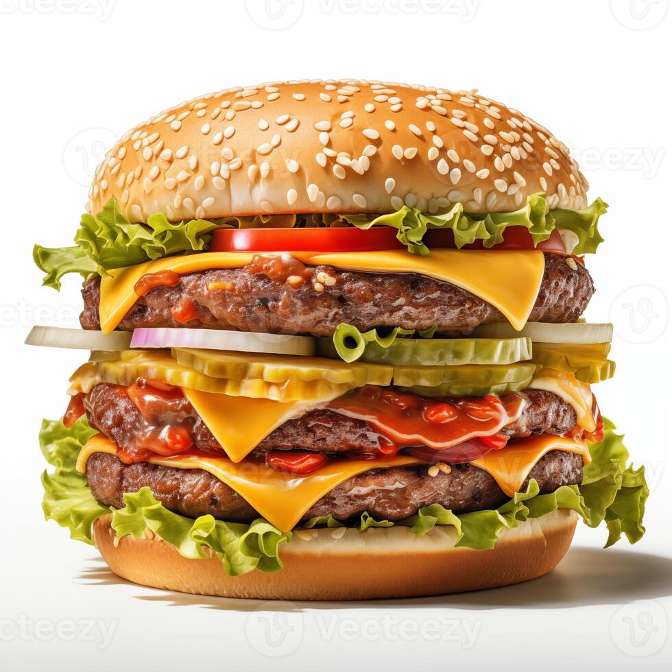 ai généré double decker Burger avec tout le classique fixations, comprenant laitue, tomate, fromage, et assaisonnement. savoureux Burger isolé sur blanc Contexte. bannière, la marche, menu photo