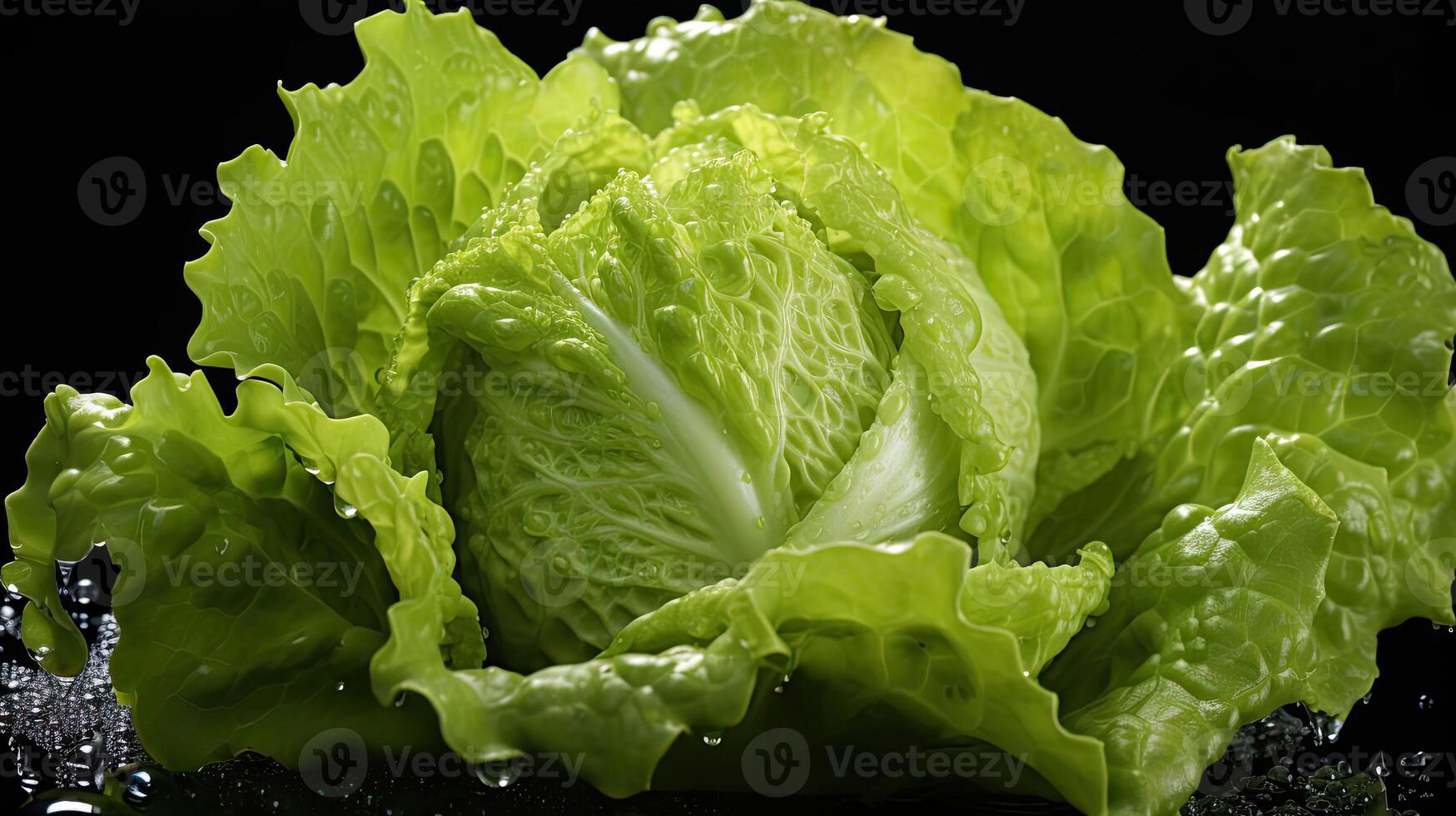 ai généré fermer de Frais vert salade éclaboussé avec l'eau sur une floue noir arrière-plan, ai généré photo