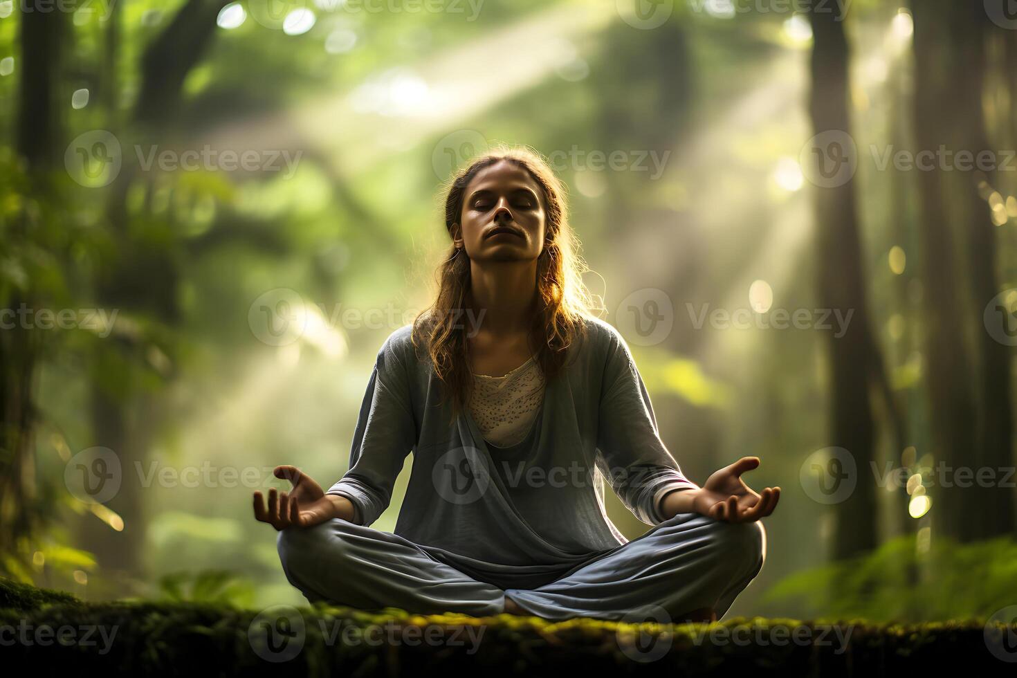 ai généré Jeune femme méditer dans le forêt dans le Matin lumière photo