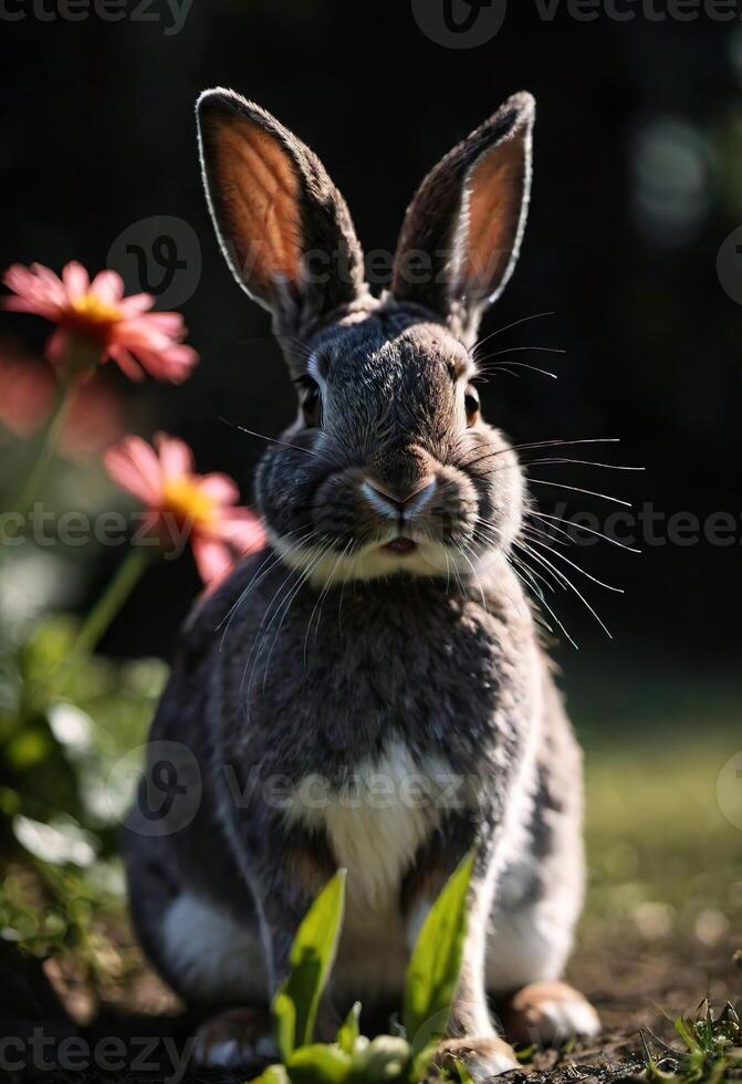 ai généré une fermer de une lapin dans une champ avec une fleurs. photo