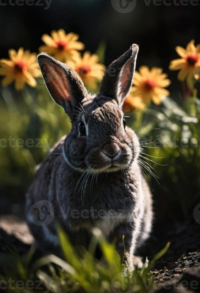 ai généré une fermer de une lapin dans une champ avec une fleurs. photo