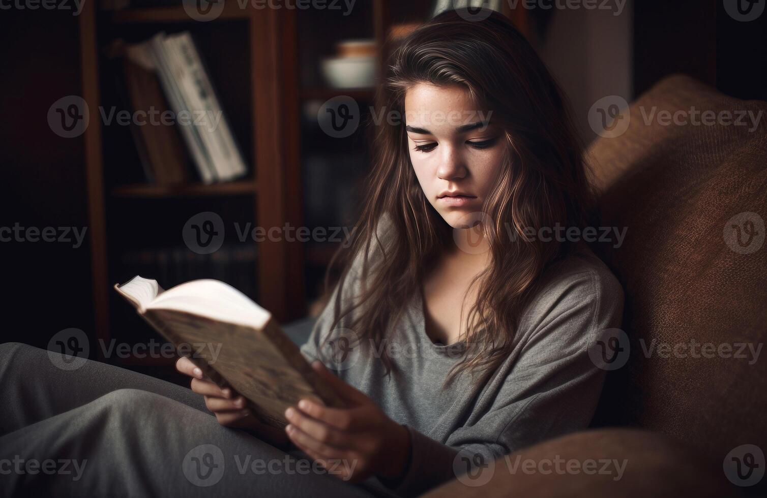 ai généré attrayant adolescent fille en train de lire sur confortable canapé. produire ai photo