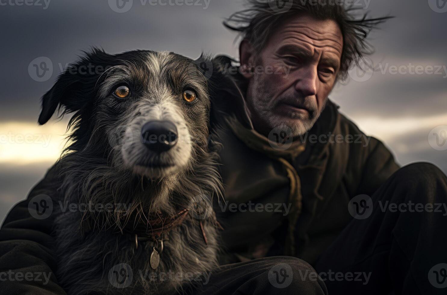 ai généré élégant homme avec des lunettes posant avec le sien chien. produire ai photo