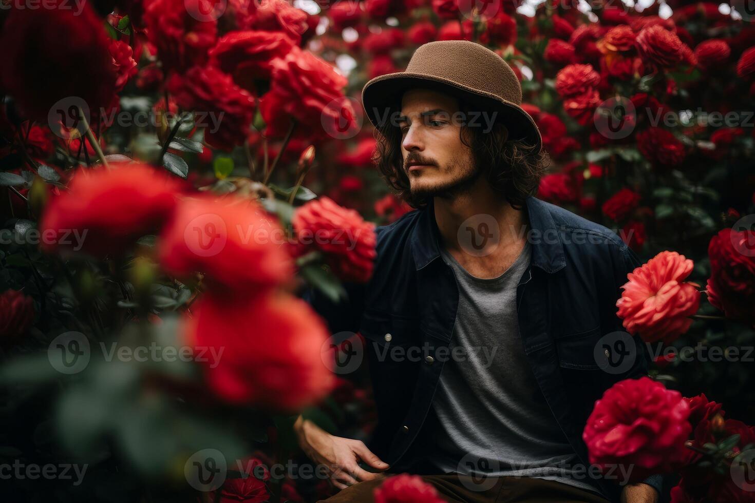 ai généré radiant homme posant dans Rose village jardin. produire ai photo