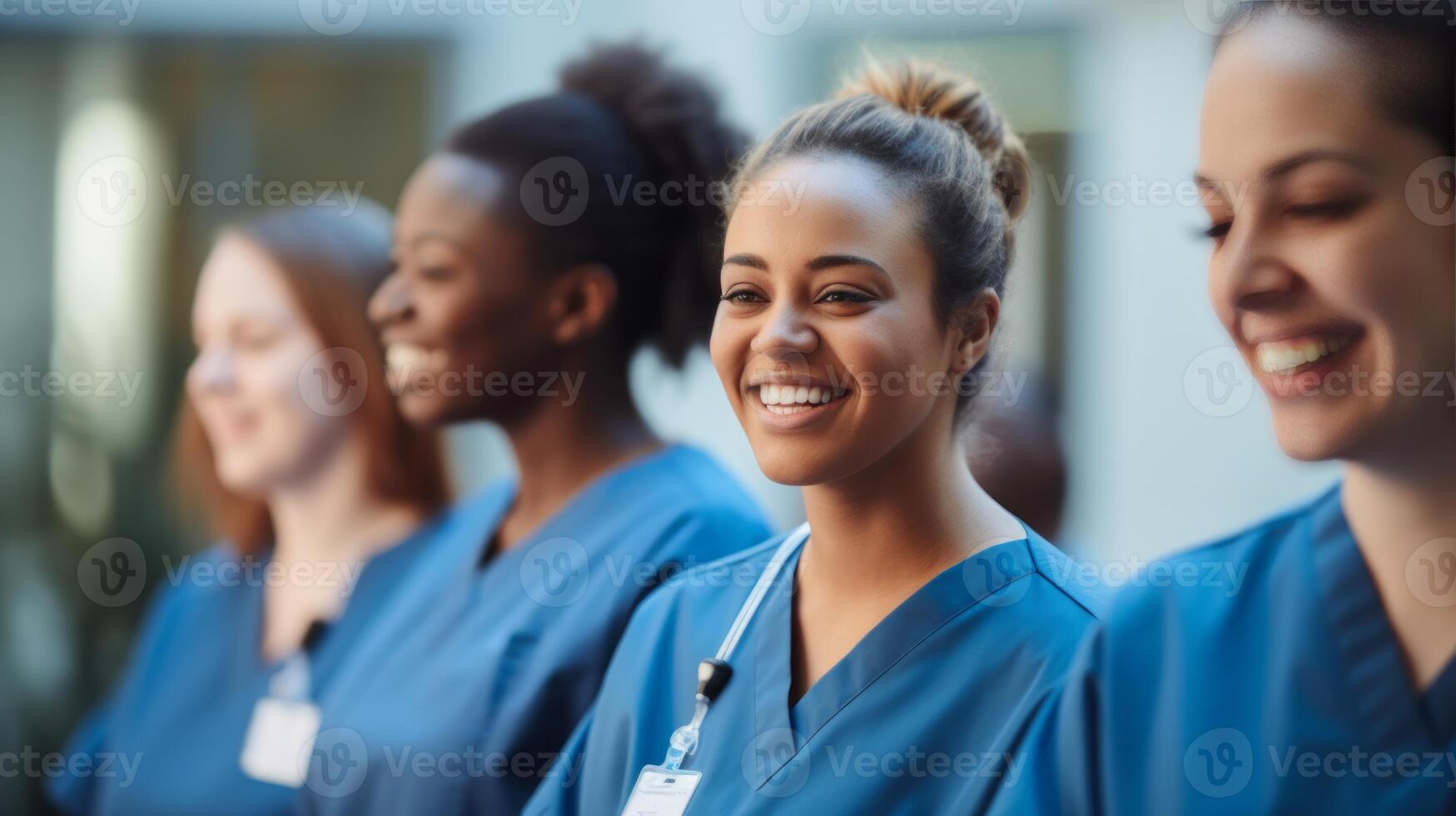 ai généré multiracial groupe de médical élèves en utilisant ordinateur tandis que en train d'étudier dans conférence salle. neural réseau ai généré photo