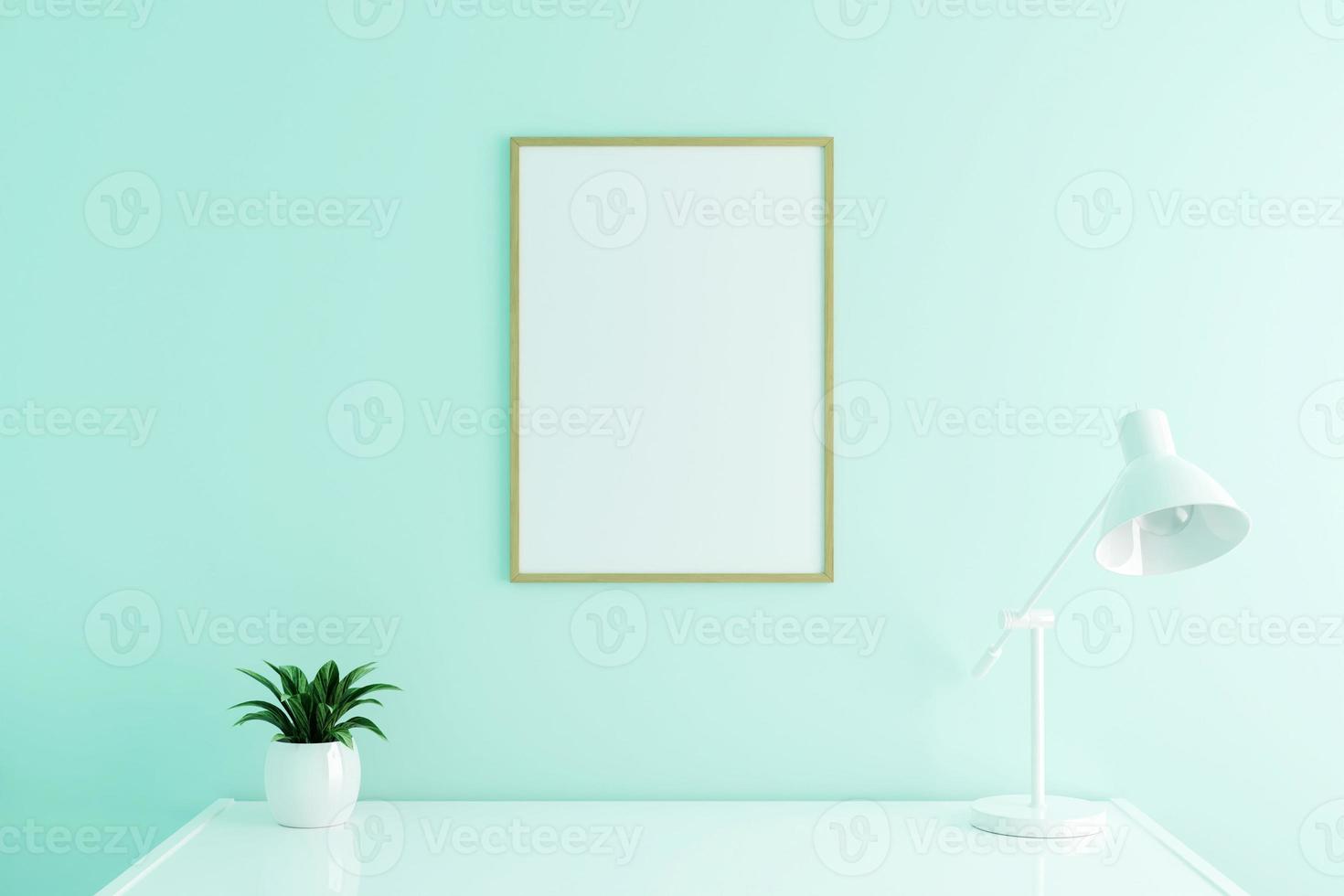 maquette de cadre d'affiche en bois vertical sur la table de travail à l'intérieur du salon sur fond de mur de couleur blanche vide. rendu 3D. photo