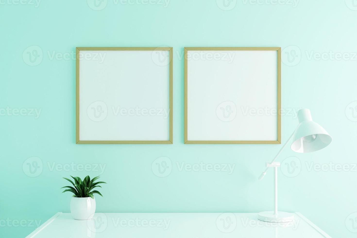 maquette de cadre d'affiche en bois vertical sur la table de travail à l'intérieur du salon sur fond de mur de couleur blanche vide. rendu 3D. photo