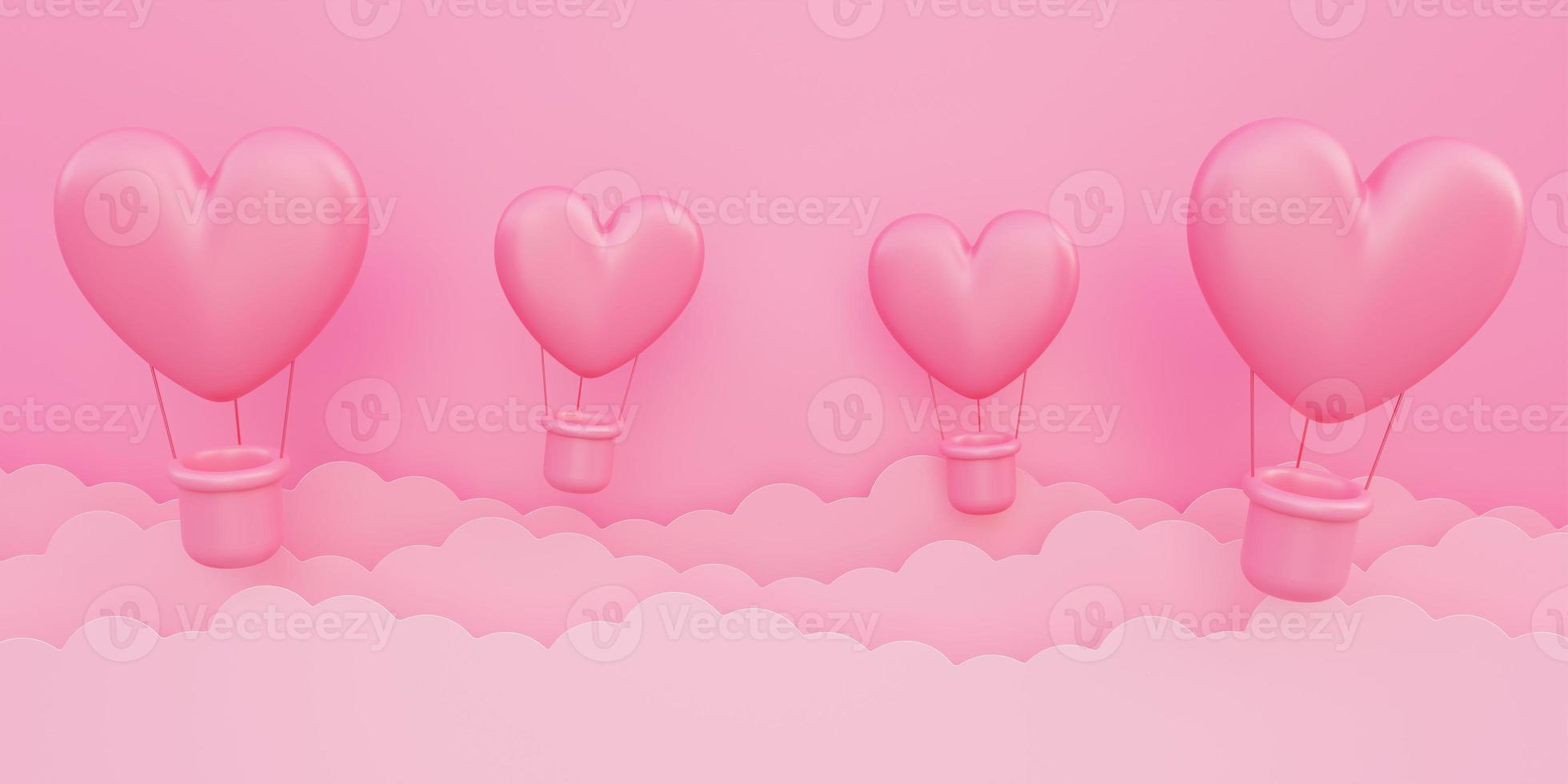 Saint Valentin, fond de concept d'amour, ballons à air chaud en forme de coeur 3d roses volant dans le ciel photo