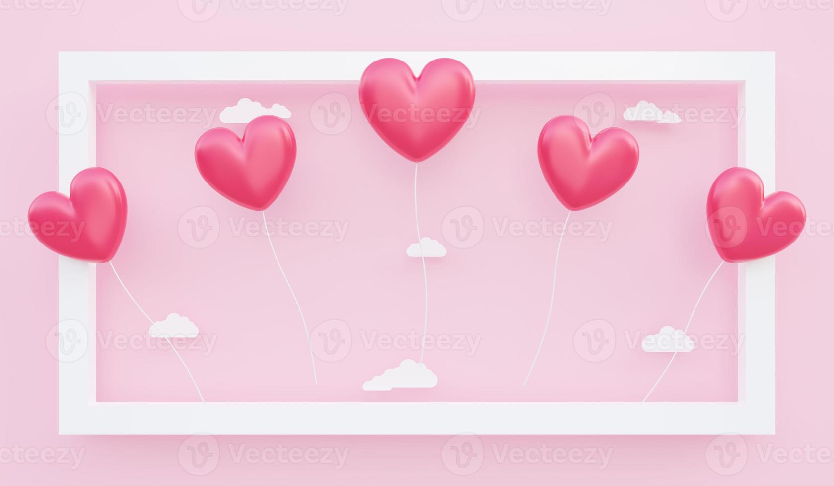 Saint Valentin, fond de concept d'amour, illustration 3d de ballons en forme de coeur rouge flottant hors du cadre photo