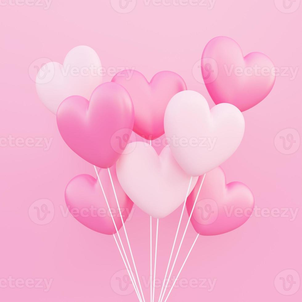 Saint Valentin, fond de concept d'amour, bouquet de ballons en forme de coeur 3d rose et blanc photo