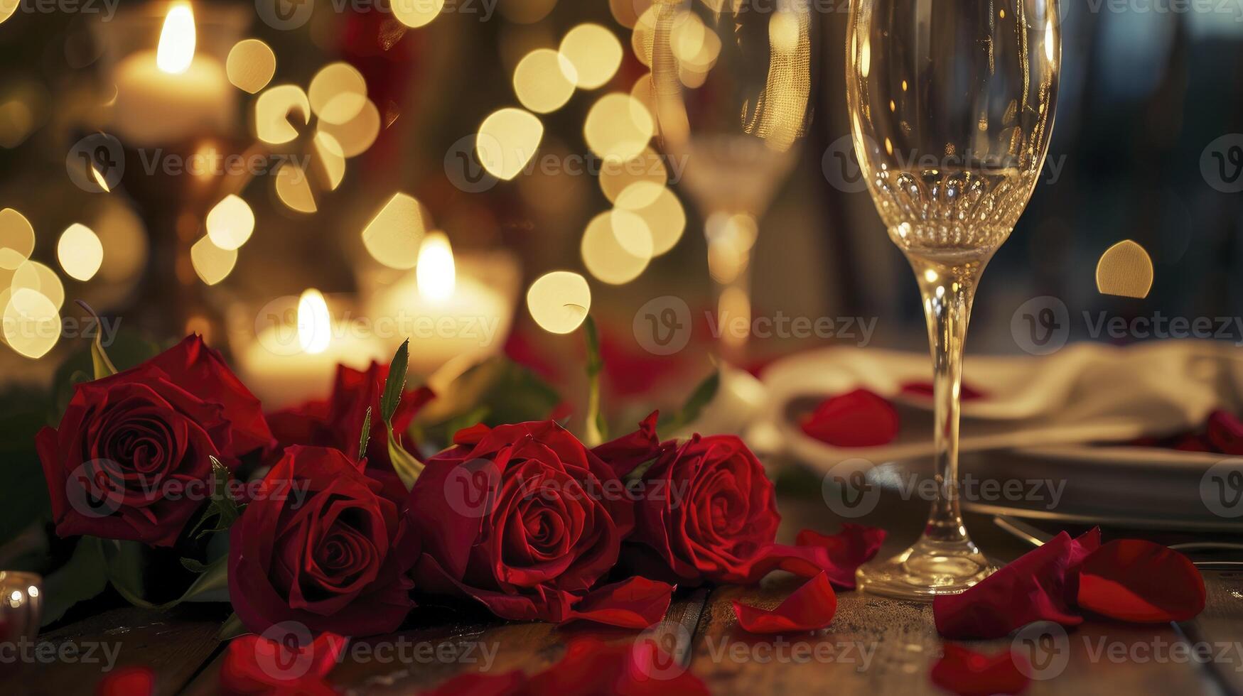 ai généré romantique table réglage pour rouge des roses et aux chandelles pour valentines dîner. photo