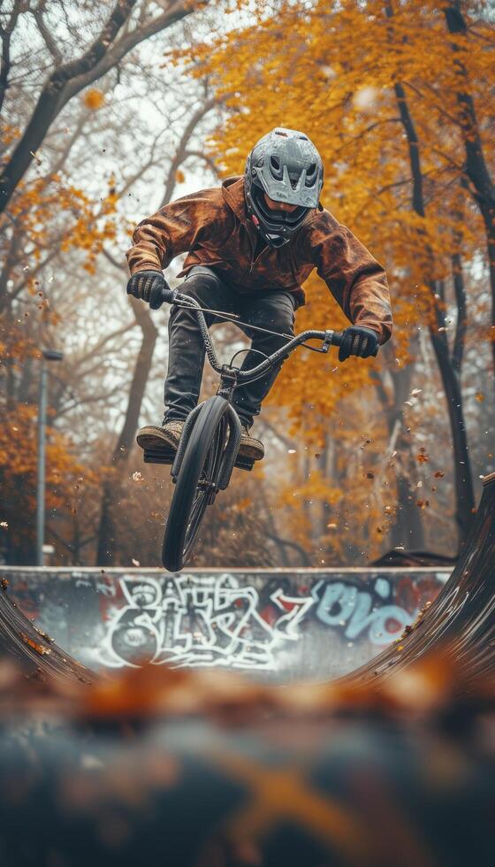 ai généré cinématique séance photo capturer le exaltant aérien exploit de une Jeune cavalier dans inspiré des graffitis tenue de sport, contre une vif Urbain parc toile de fond. publicité.