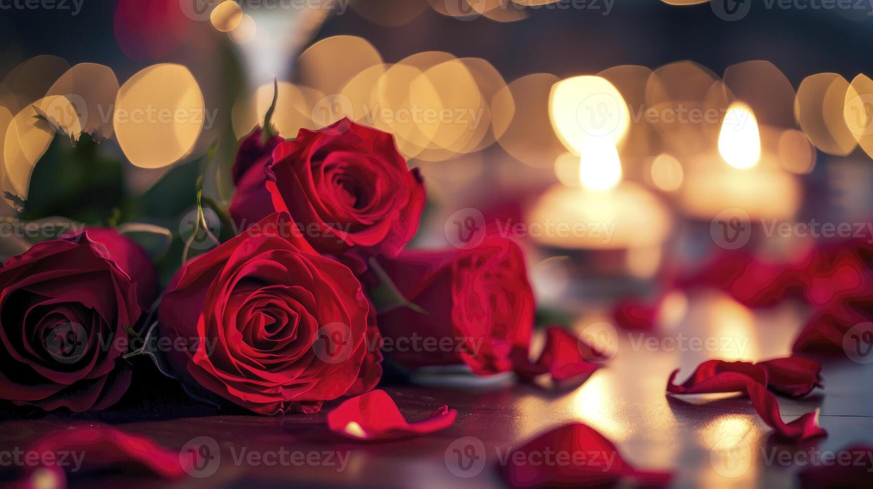 ai généré romantique table réglage pour rouge des roses et aux chandelles pour valentines dîner. photo