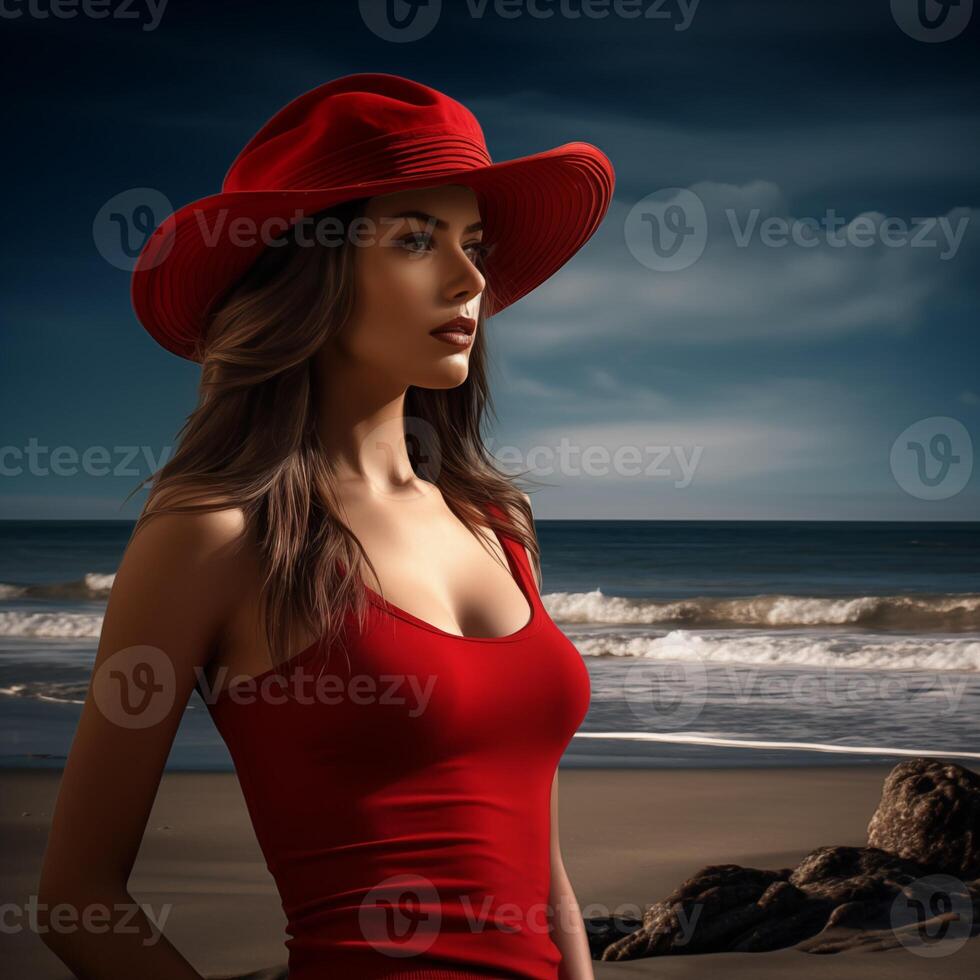 ai généré magnifique fille dans rouge chapeau photo