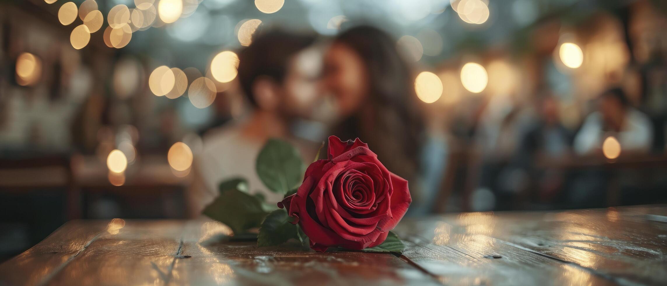 ai généré l'amour dans floraison. une des couples romantique interlude dans une pittoresque café, accentué par une rouge rose, création une parfait moment pour valentines journée. photo