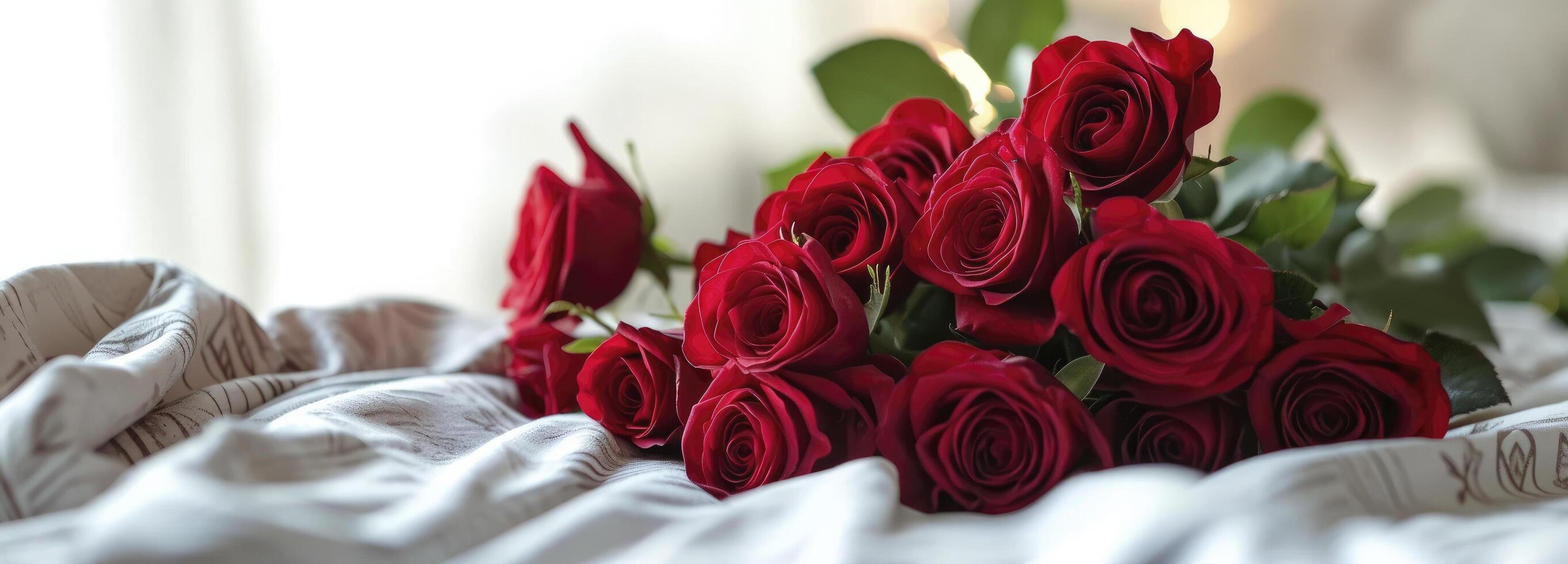 ai généré bouquet de rouge des roses sur une chambre romance photo