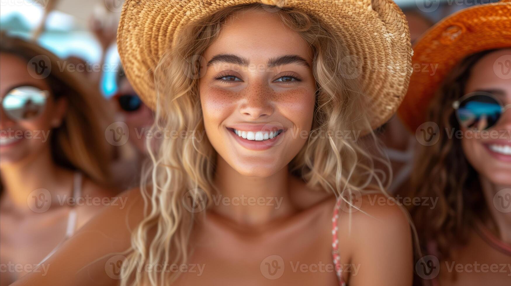 ai généré souriant Jeune femme dans été chapeau avec copains à plage fête photo