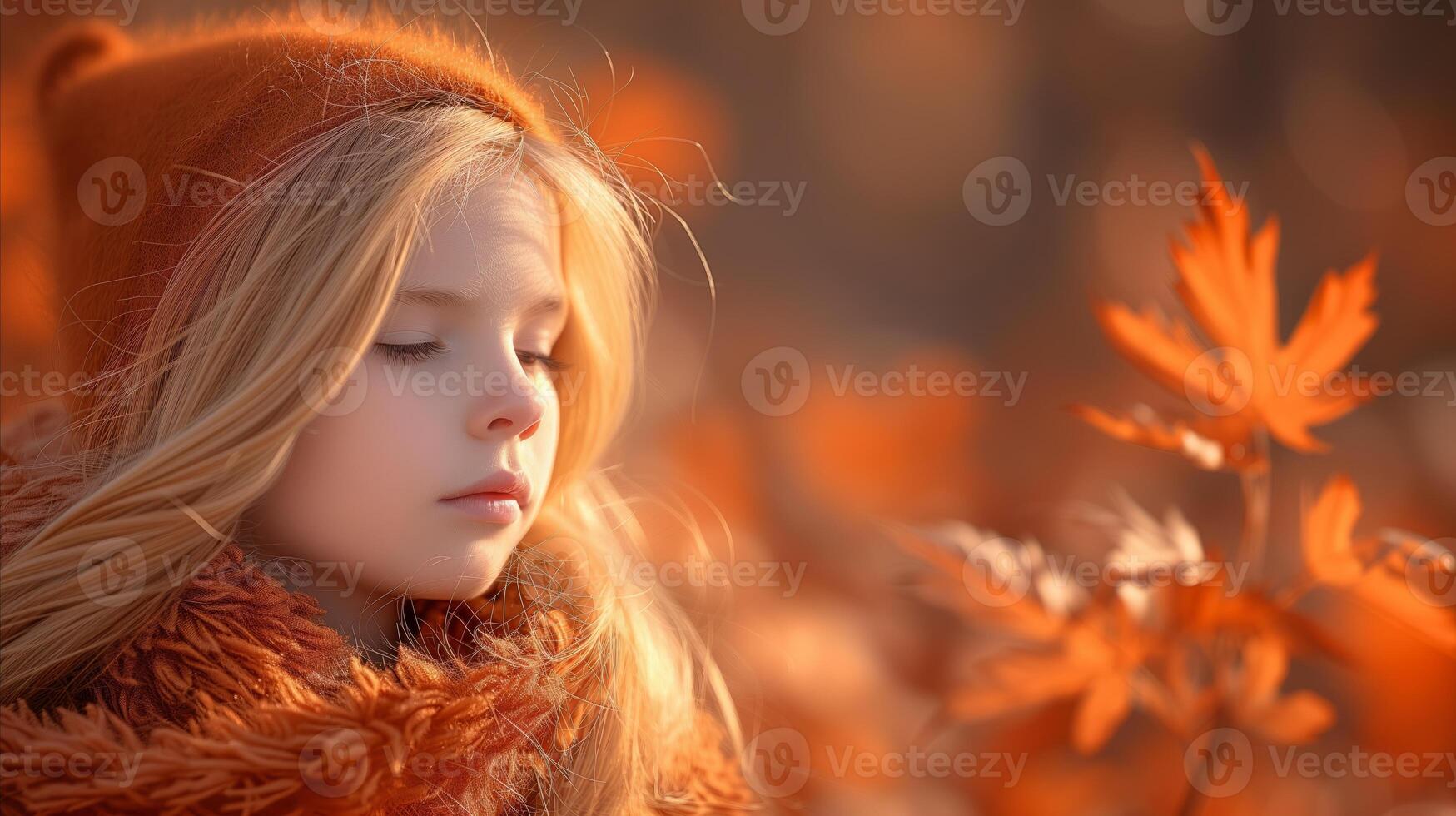 ai généré serein automnal portrait de une Jeune fille à le coucher du soleil photo