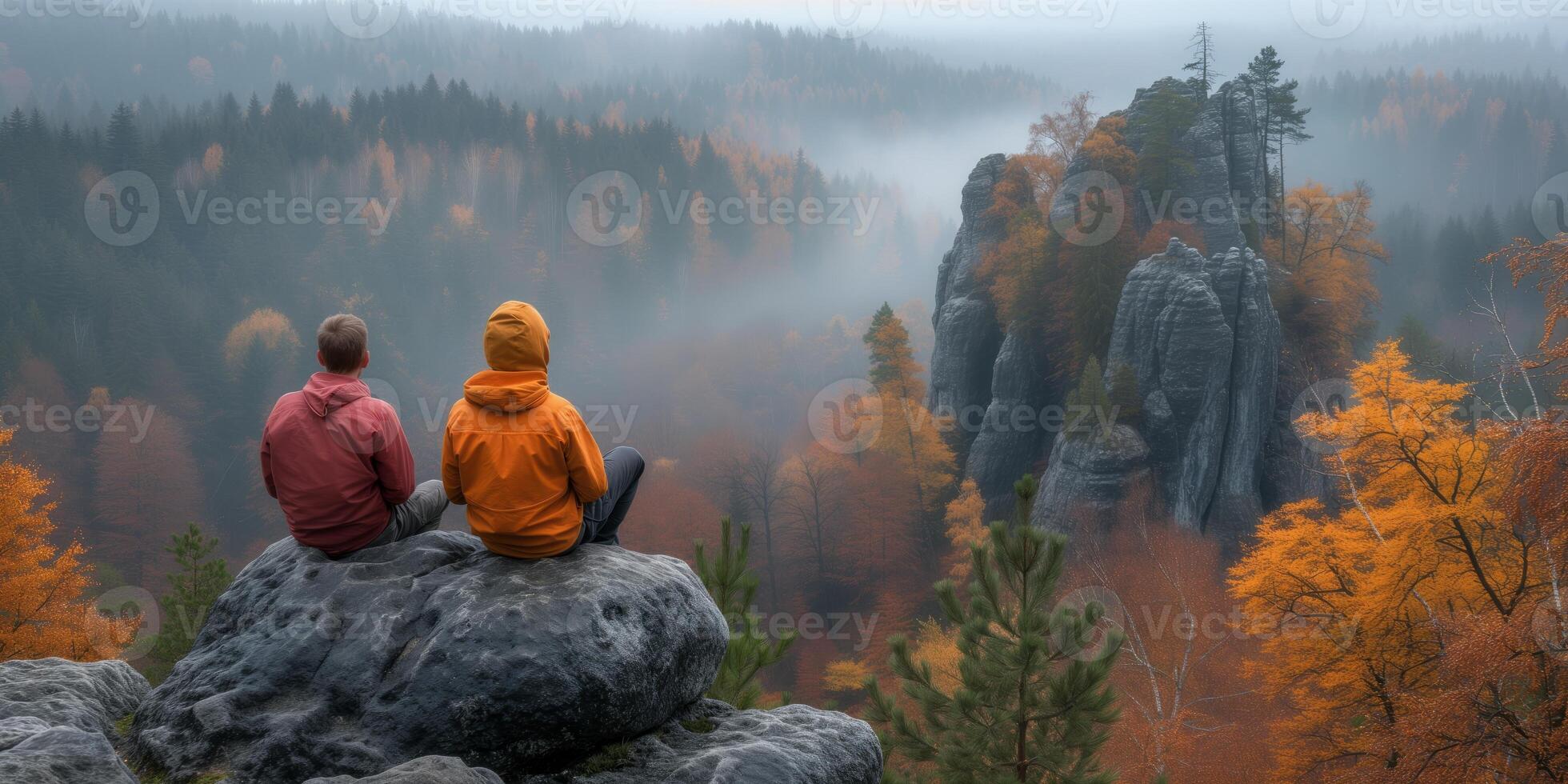 ai généré l'automne Matin vue de une brumeux Montagne sommet photo