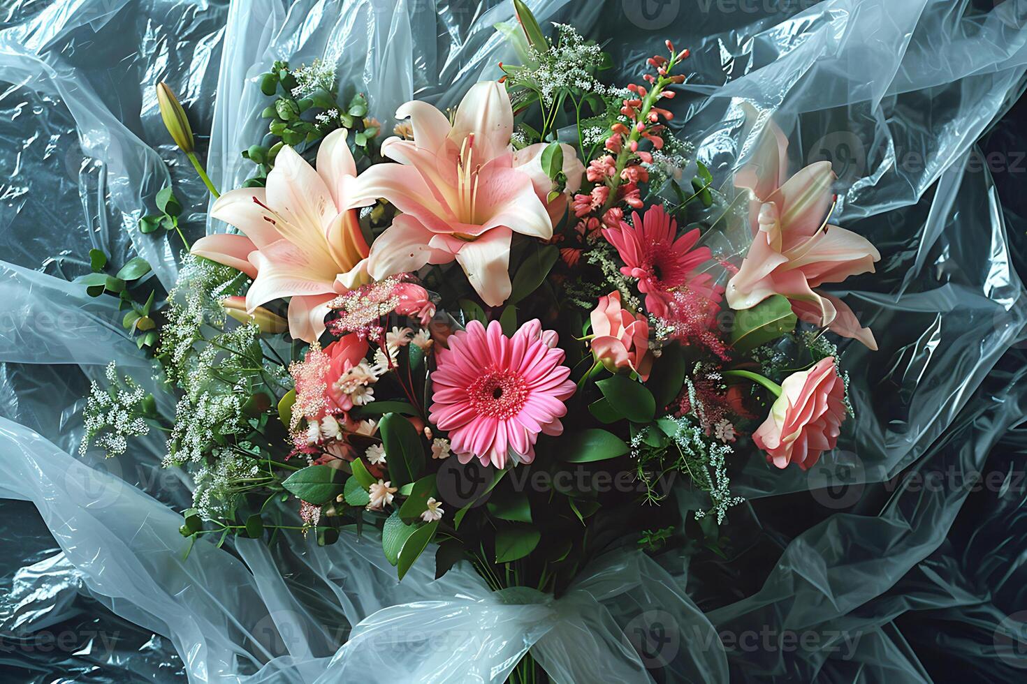 ai généré bouquet de fleurs enveloppé dans Plastique photo