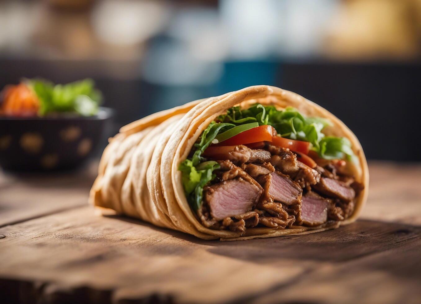 ai généré doner kebab - grillé Viande enveloppé dans Pita pain photo