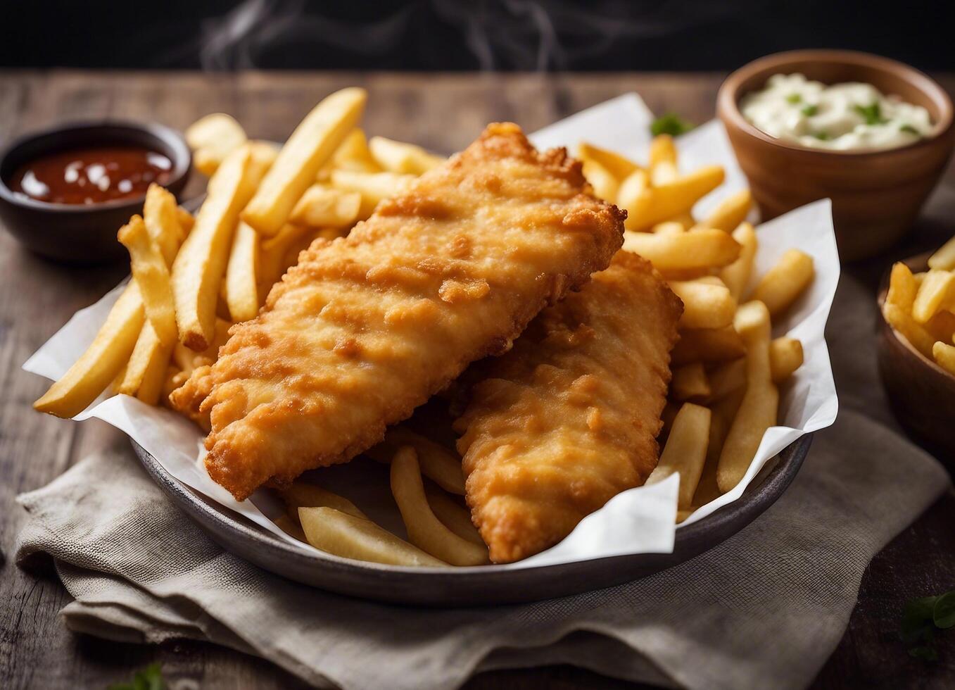 ai généré classique poisson et frites servi avec citron et persil photo