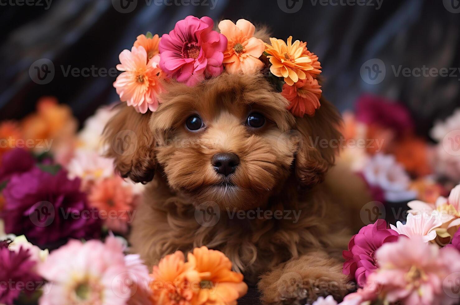 ai généré marron multipoo avec une couronne de fleurs pose. de la mère journée carte. photo