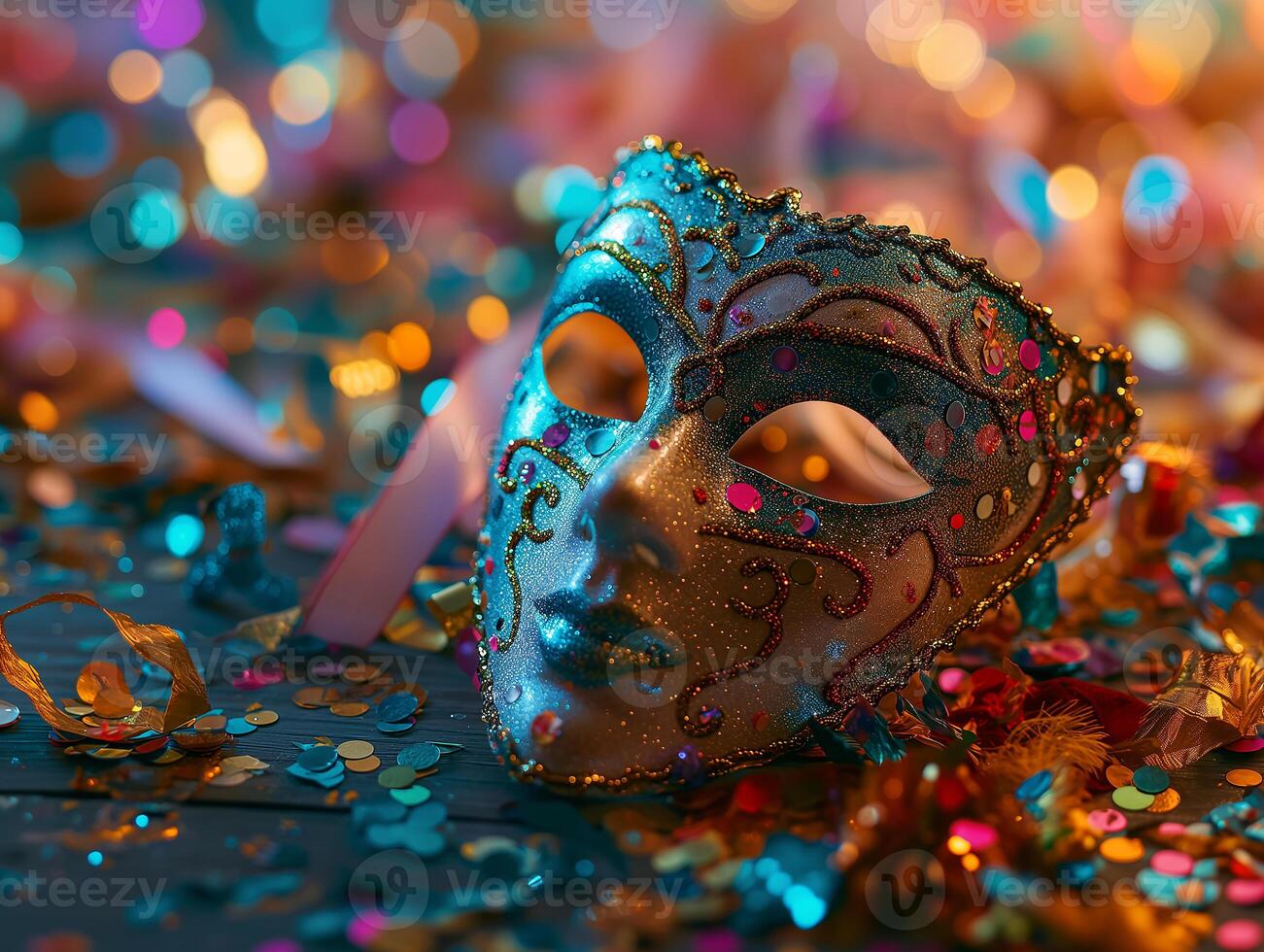 ai généré magnifique carnaval masque sur brillant brillant coloré arrière-plan, clinquant, paillettes, vacances, confettis. Nouveau années vacances, carnaval, anniversaire. photoréaliste, Contexte avec bokeh effet. photo