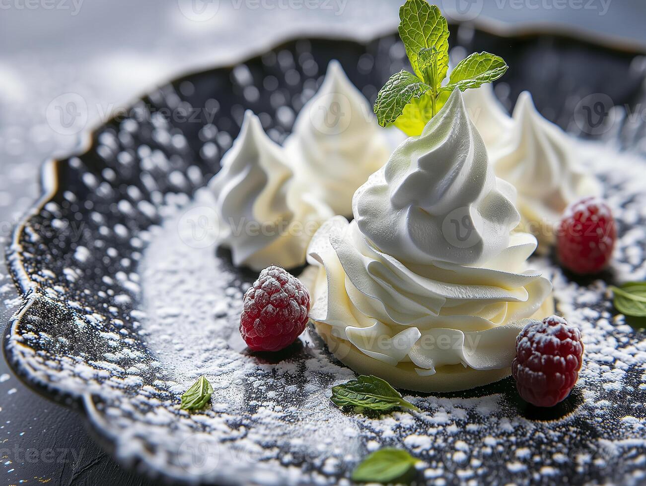 ai généré Meringue tarte tartelette avec menthe et baies. desserts pour thé traiter. nourriture illustration. photoréaliste. ai généré. photo