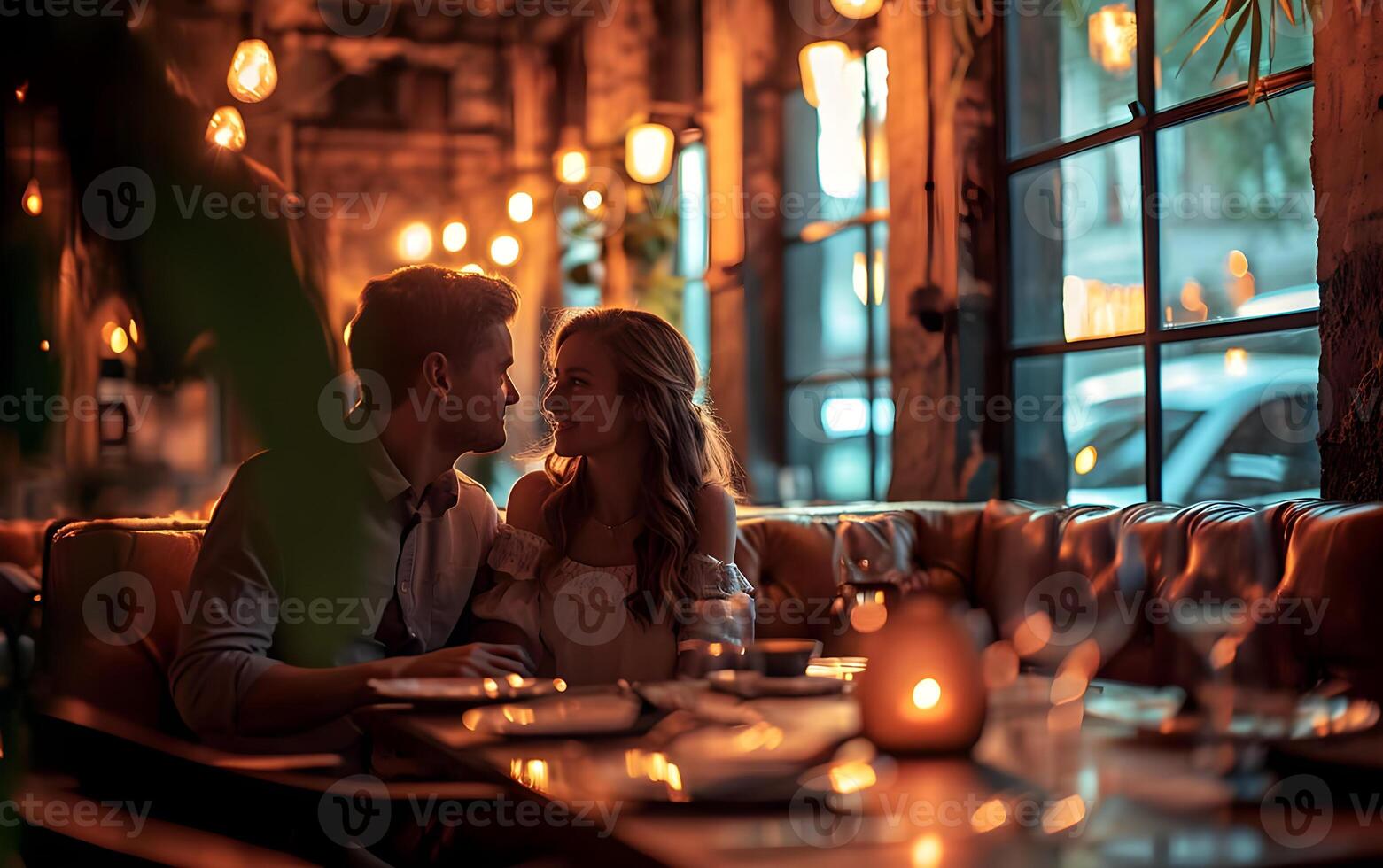 ai généré romantique date. magnifique Jeune couple séance dans une restaurant et embrasser photo