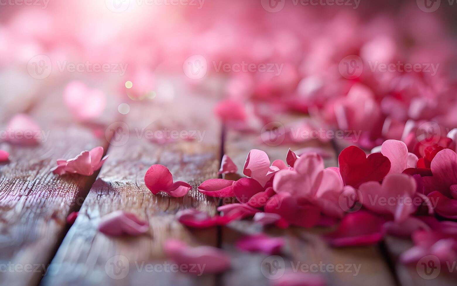 ai généré la Saint-Valentin journée Contexte avec rose pétales sur en bois tableau. photo