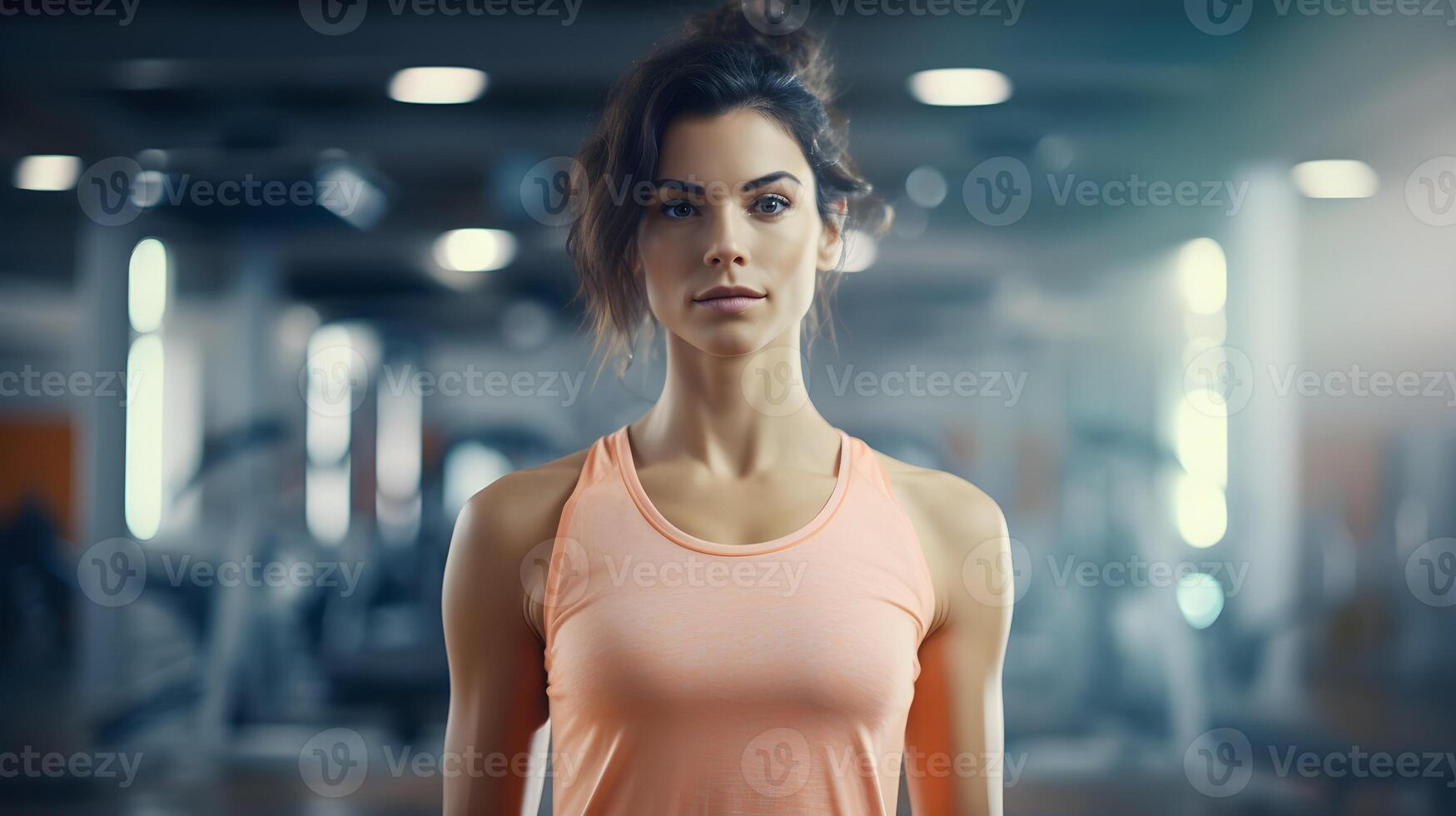 ai généré portrait de une en forme sportif femme dans une aptitude chambre. photo