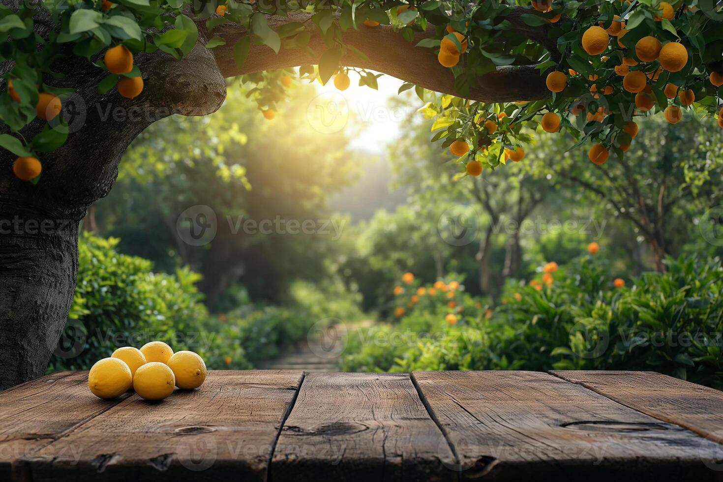 ai généré vide bois table Haut avec citron arbre est le Contexte pour des produits afficher photo