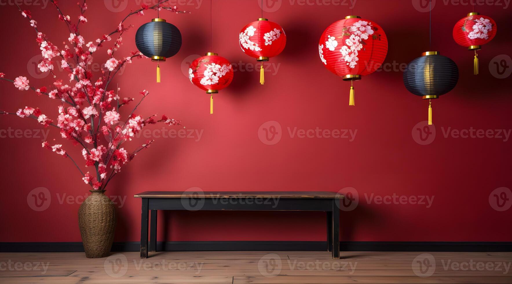 ai généré chinois Nouveau année décoration avec rouge mur et en bois tableau. photo