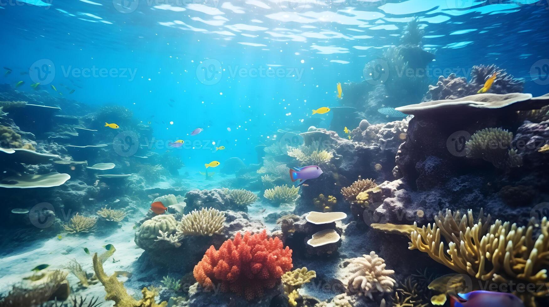 ai généré sous-marin vue de corail récif avec des poissons et difficile coraux. photo