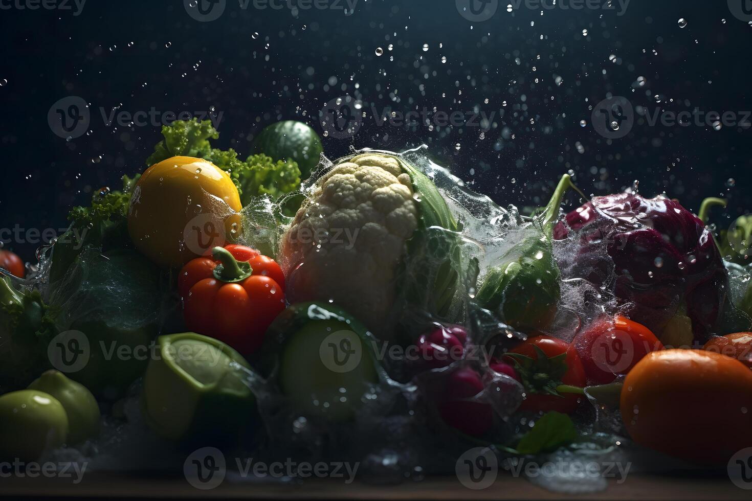 ai généré des légumes éclaboussure dans l'eau sur noir Contexte. neural réseau ai généré photo