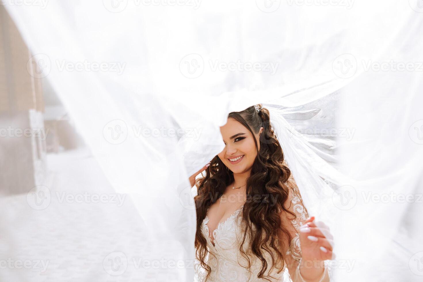 frisé brunette la mariée pose enveloppé dans une voile contre le Contexte de montagnes et en bois Maisons. magnifique robe avec longue manches, ouvert bousiller. été mariage photo