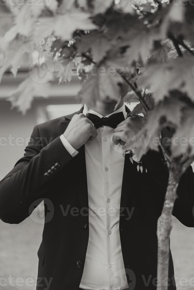 le jeune marié dans une noir costume ajuste le sien veste, pose contre le Contexte de une vert arbre. mariage noir et blanc portrait. photo