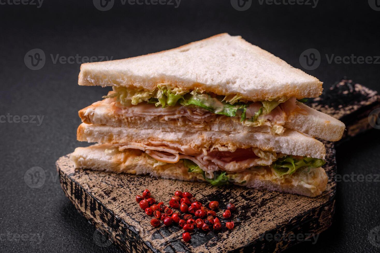 délicieux nutritif sandwich avec pain grillé pain, jambon, tomates, fromage et sauce photo