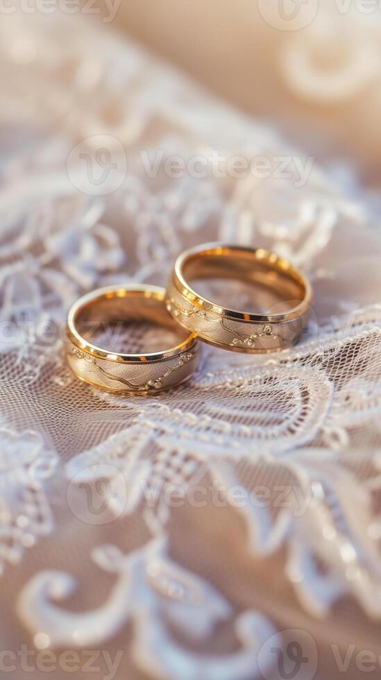 ai généré d'or mariage bandes sur dentelle, engagement photo